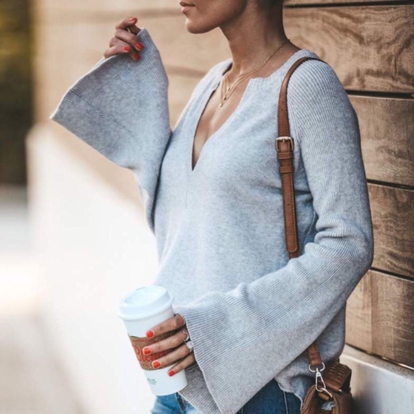 Split V Neck Bell Sleeve Super Soft Sweater Top - Picture 4 of 8